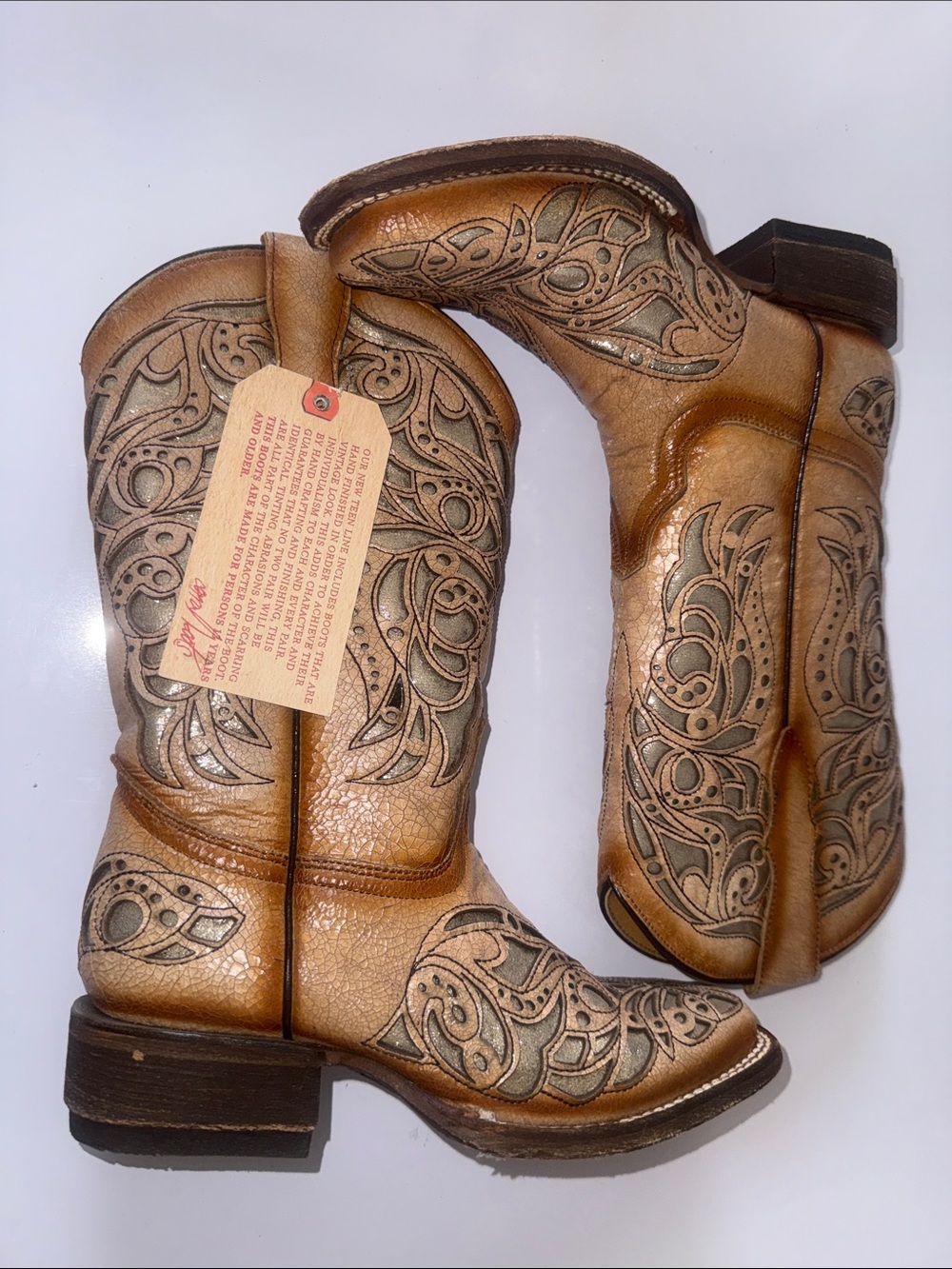 Coral Handcrafted Tan Leather Western Boots with Intricate Overlay Youth/Kids 3T